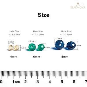 May include: Image showing bead sizes. The image displays three sets of beads: 4mm, 6mm, and 8mm. The 4mm beads are light yellow, the 6mm beads are green, and the 8mm beads are dark blue. Measurements are in millimeters.