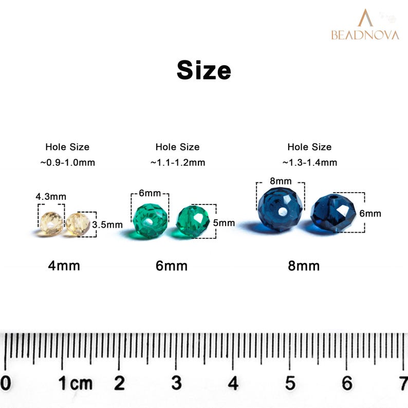 May include: Image showing bead sizes. The image displays three sets of beads: 4mm, 6mm, and 8mm. The 4mm beads are light yellow, the 6mm beads are green, and the 8mm beads are dark blue. Measurements are in millimeters.