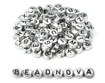 Alphabet ABC Beads Silver Tone Plated Color Letters Acrylic Plastic Flat Round Name Beads Initial Words Pony Beads Assorted A-Z Bulk Lot