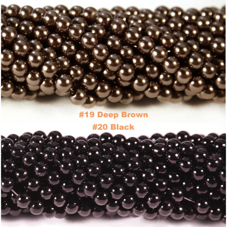 May include: Two horizontal strands of round beads. The top strand features glossy deep brown beads labeled #19 Deep Brown. The bottom strand features shiny black beads labeled #20 Black. Both strands are arranged in a dense, uniform row.