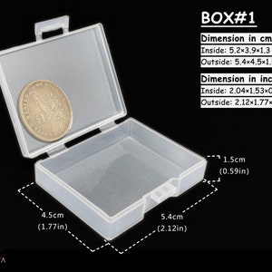 May include: A clear plastic storage box with a hinged lid and a carrying handle. The box is 5.4 inches wide, 4.5 inches long, and 1.5 inches high. The box is shown open with a US dollar coin inside.