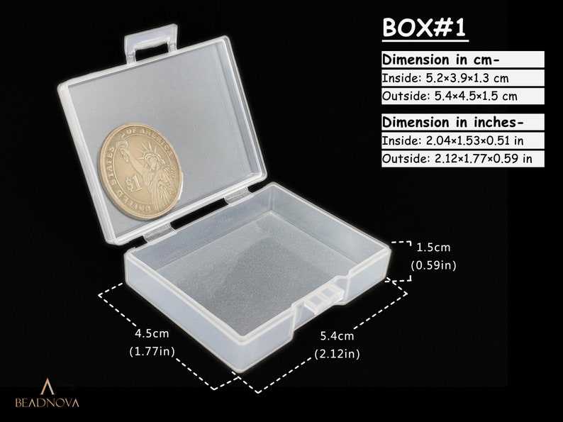 May include: A clear plastic storage box with a hinged lid and a carrying handle. The box is 5.4 inches wide, 4.5 inches long, and 1.5 inches high. The box is shown open with a US dollar coin inside.