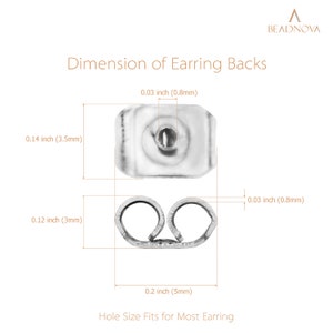 May include: Diagram showing the dimensions of earring backs in inches and millimeters. The earring backs are made of metal and have a hole in the center. The text "Hole Size Fits for Most Earring" is at the bottom of the diagram.