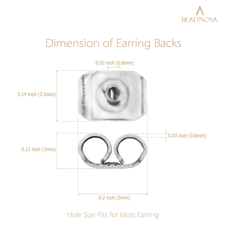 May include: Diagram showing the dimensions of earring backs in inches and millimeters. The earring backs are made of metal and have a hole in the center. The text "Hole Size Fits for Most Earring" is at the bottom of the diagram.