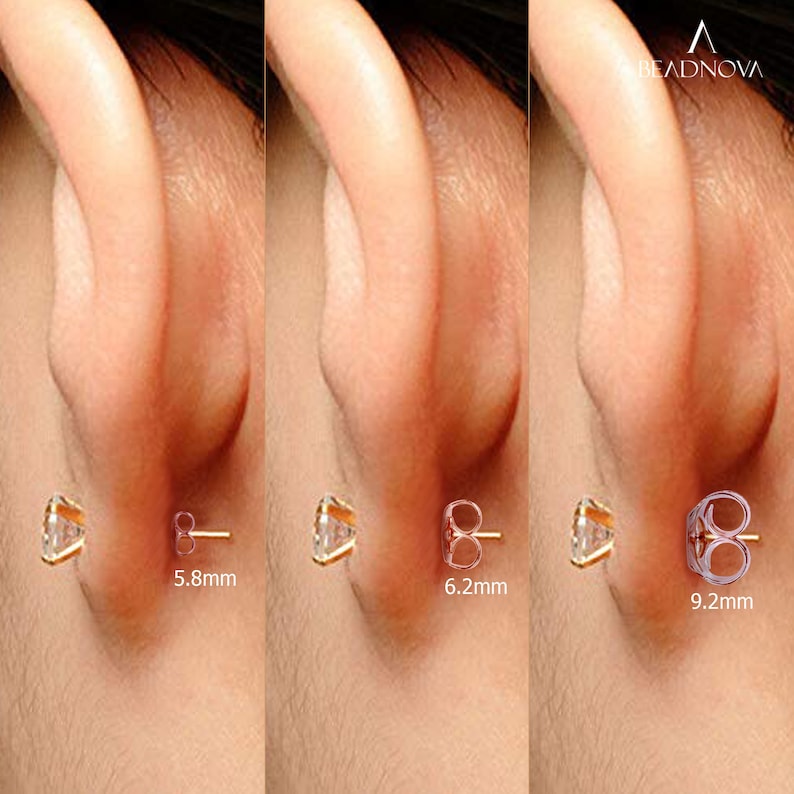 May include: Three images showing the size of a clear cubic zirconia earring on a model's ear. The earrings are 5.8mm, 6.2mm, and 9.2mm in size.