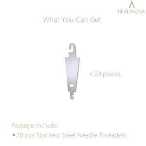 May include: A pack of 20 stainless steel needle threaders. The threaders are silver and have a hook on one end and a loop on the other. "What You Can Get" and "x 20 pieces" are written in brown text on a white background. "Package Include: 20 pcs Stainless Steel Needle Threaders" is written in brown text on a white background.