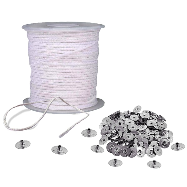 Mèche de bougie 200 pieds en coton tressé avec 300 pièces Base de mèche de bougie Mèche de bougie tressée pour la fabrication de bougies et le bricolage de bougies