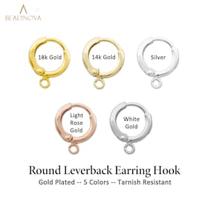 May include: Five leverback earring hooks in different finishes: 18k gold, 14k gold, silver, light rose gold, and white gold. Round Leverback Earring Hook. Gold Plated -- 5 Colors -- Tarnish Resistant.