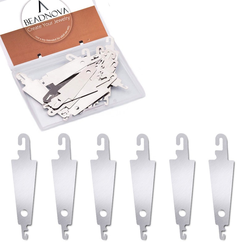 May include: A clear plastic case containing a set of 15 silver bead threading tools. The tools are designed to help thread beads onto string or wire. The case has the text "Beadnova Create Your Jewelry" printed on it.