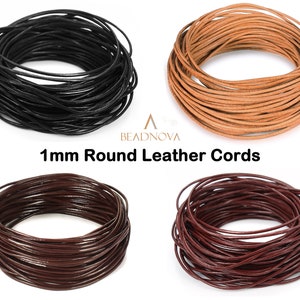 May include: Four spools of 1 mm round leather cord in black, brown, tan, and burgundy.  1 mm Round Leather Cords.
