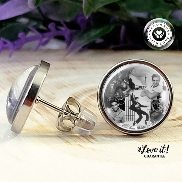 Elvis Presley Earrings, Collage of Pictures, Hypoallergenic Studs for them, Stainless Steel, Surgical Steel Bezel, Glass, 12mm, Gifts 4 Fans