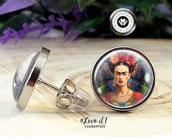 Pendientes Frida Kahlo, Mariposas, Flores, Studs Hipoalergénicos para ellas, Acero Inoxidable, Bisel de Acero Quirúrgico, Vidrio, 12mm, Regalos 4 Abanicos