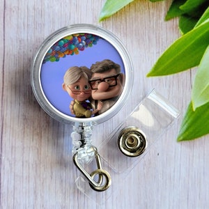 Ellie and Carl Badge Reel, Retractable Swivel Movie Up Fan Gift for Nurse Badge Custom ID Work Swipe Card Cartoon Badge Holder True Love