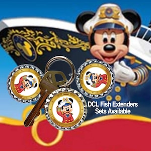 May include: Keychains featuring Mickey Mouse in a captain's uniform. The keychains have a gold-colored border and a circular design with Mickey Mouse saluting. The background includes a ship and the text "DCL Fish Extenders Sets Available."