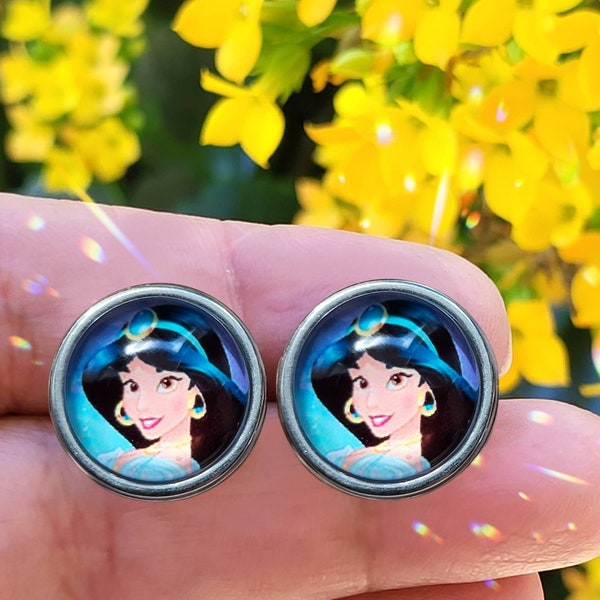 Princess Jasmine Disney Aladdin inspired Earring Studs Stainless Steel Surgical Steel Hypoallergenic Glass Dome Image Earring 12mm