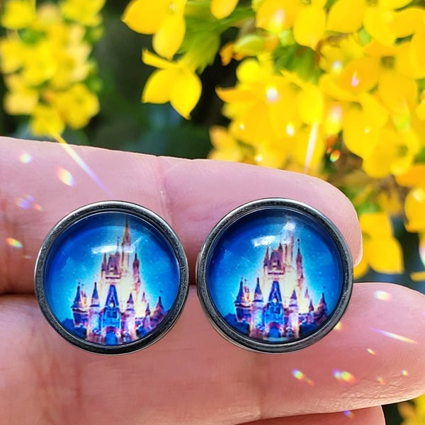 Magic Kingdom Disney Castle Earring Studs Stainless Steel Surgical Steel Hypoallergenic Glass Dome Image Earring 12mm