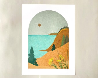 Large Marbled Paper Arch Landscapes, 18x24, Collage, Dunes, Beach, Sleeping Bear Dunes, Lake Michigan, Flowers, Sand, Lakeshore, Moon