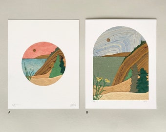 Marbled Paper Arch Circle Landscapes, 8x10, Collage, Dunes, Beach, Sleeping Bear Dunes, Lake Michigan, Flowers, Sand, Lakeshore, Moon