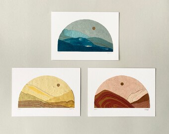 Marbled Paper Arch Landscapes, 5x7, Collage, Mountains, Hills, Monochromatic, Sun, Moon