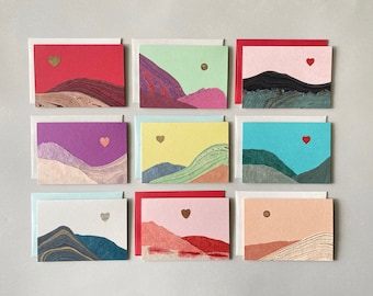 Paper Collage Cards 9-Pack, Moon, Marbled, Mountains, Landscape, Lake, Cliff, Rock, Trees