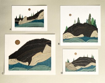 Marbled Paper Landscapes, Collage, Black Rocks, Marquette, Lake Superior, Cliff, Rocks, Lakeshore, Moon, Sun