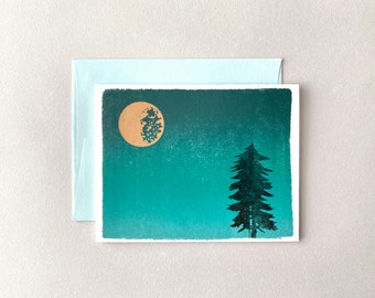 Letterpress Card, Sunset, Night Sky, Full Moon, Sunrise, Ombré, Pine Tree, Turquoise, Blue