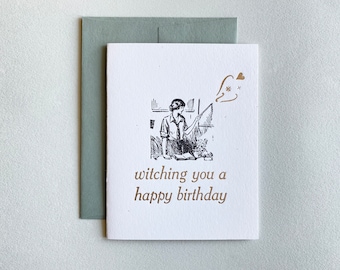 Letterpress, Card, Happy Birthday, Witch, Magic, Spell, Wizard, Wand, Cast Spell, Spell Book, Witching you a happy birthday