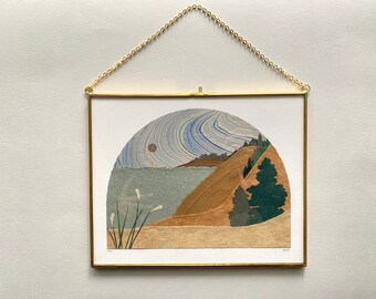 Marbled Paper Arch Landscape, 8x10 inches, Collage, Dunes, Beach, Sleeping Bear Dunes, Lake Michigan, Lakeshore, Moon, Framed, Locket