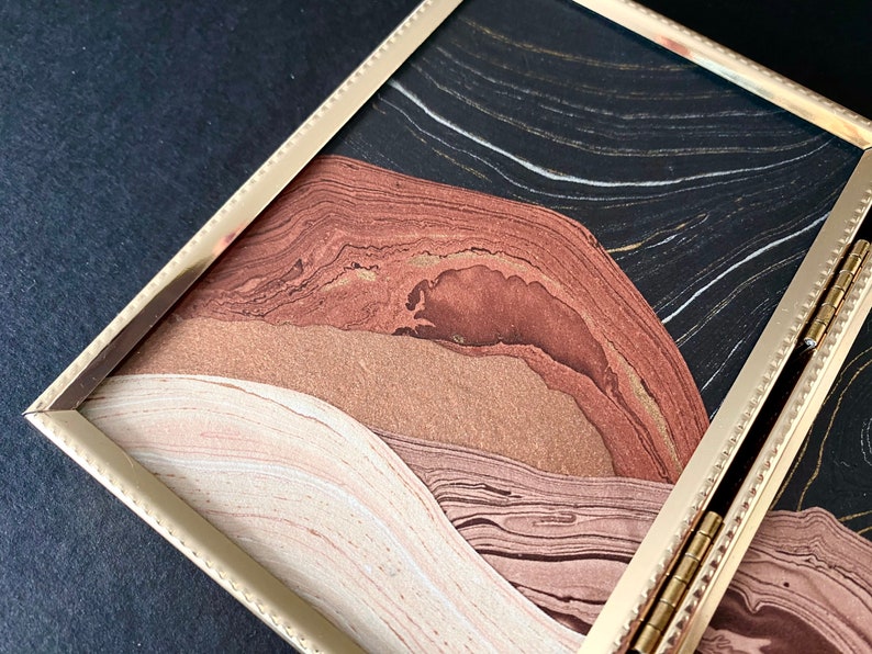 Red Rocks Marbled Paper Landscape Mountains 7.25x5 inches Collage Brass Frame Double Antique Letterpress Gold Moon