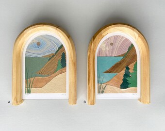 Arch Frame Small Marbled Paper Landscapes, Collage, Beach, Sleeping Bear Dunes, Lake Michigan, Sand, Lakeshore, Mountains, Moon, Sunset