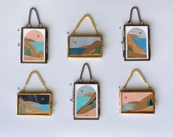 Mini Marbled landscape wall hanging with chain, approx. 2.5x3.5 inches, full moon, dunes, Lake Michigan, Sleeping Bear Dunes