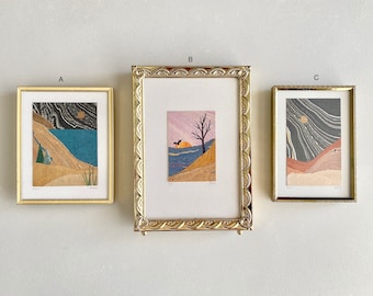 Framed Small Marbled Paper Landscapes, Collage, Beach, Sleeping Bear Dunes, Lake Michigan, Sand, Lakeshore, Mountains, Moon