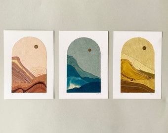 Marbled Paper Landscapes, 5x7, Collage, mountains, hills, planet, Moon,