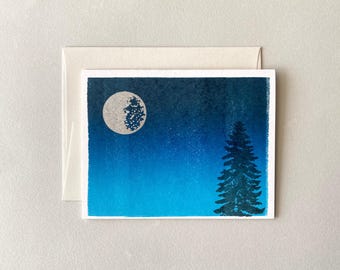 Letterpress Card, Sunset, Night Sky, Full Moon, Sunrise, Ombré, Pine Tree, Turquoise, Blue
