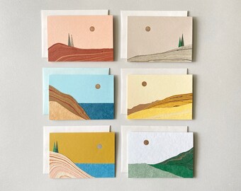 Paper Collage Cards 6-Pack, Moon, Marbled, Mountains, Landscape, Lake, Cliff, Rock, Trees