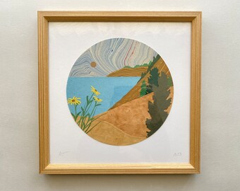 Marbled Paper Circle Landscape, 12x12, Collage, Dunes, Beach, Sleeping Bear Dunes, Lake Michigan, Lakeshore, Moon, Framed