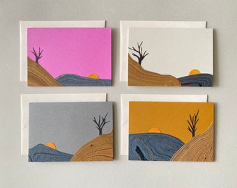 Paper Collage Cards 4-Pack, Goth, Spooky, Sunset, Marbled, Landscape, Lake, Trees