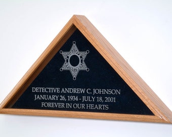 Law Enforcement Funeral Flag Display Case - with Engraved Sheriff Badge & up to 3 Lines of Engraved Personalized Text