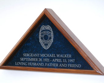 Police Officer Flag Display Case for Burial Honors Flag - Includes Engraved Police Badge & up to 3 lines of Personalized Engraved Text