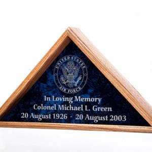 Military Veteran Funeral Flag Display Case - for Burial Flag - INCLUDES Emblem and 3 lines of Personalized Engraving