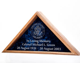 Military Veteran Funeral Flag Display Case - for Burial Flag - INCLUDES Emblem and 3 lines of Personalized Engraving