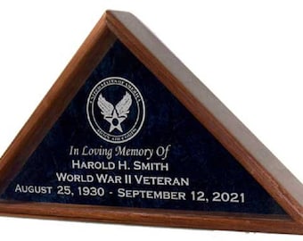 Military Veteran Burial Flag Display Case - for funeral honors Flag - INCLUDES Emblem and 4 lines of Personalized Engraved Text