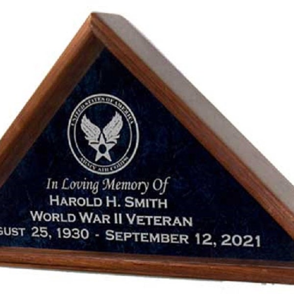 Military Veteran Burial Flag Display Case - for funeral honors Flag - INCLUDES Emblem and 4 lines of Personalized Engraved Text