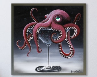 Octopus Print, Octopus Painting, Martini Art Print, Bar Art, Kraken Art Print, Octopus In Martini Glass, Man Cave Art Print