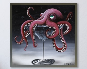 Octopus Martini Art Print, Whimsical Bar Decor