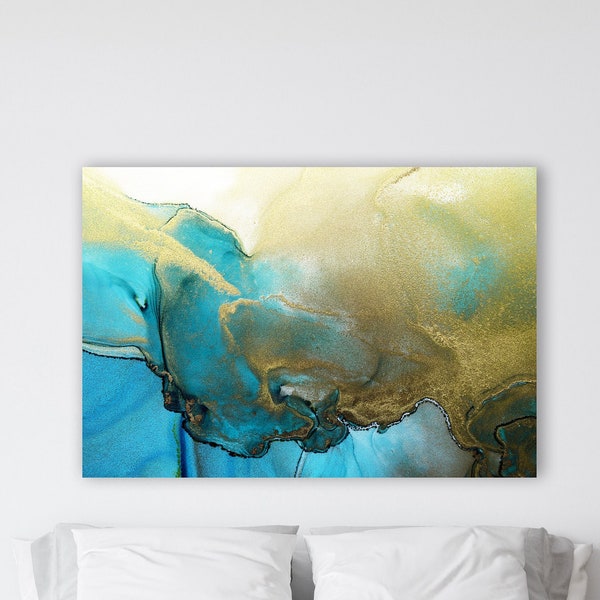 Abstract Art Print on Canvas in Blue Aqua Gold,  by Minneapolis Artist Amber McDowell,  Multiple Size Options, Fluid art PRINT