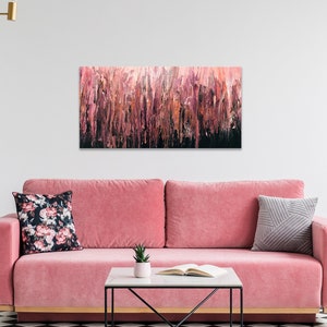 Long Horizontal Wall Art, Minimalist Pink Abstract Wall Art Poured Painting, Original Abstract Painting, Abstract Wall Art, Abstract Art