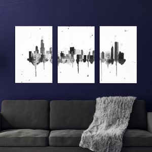 Chicago Skyline Art Print, Chicago Art Print, Chicago Cityscape, Chicago Print, Chicago Wall Art, Chicago Art, Chicago Three Panel Wall Art