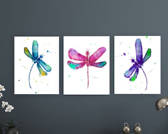 Dragonfly Art, Gallery Wall Set, Watercolor Dragonfly Prints, Dragonfly Paintings, Dragonfly Art Print Set of 3