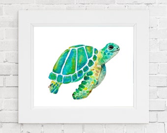 Sea Turtle Watercolor Art Print, Blue Green Turtle Painting